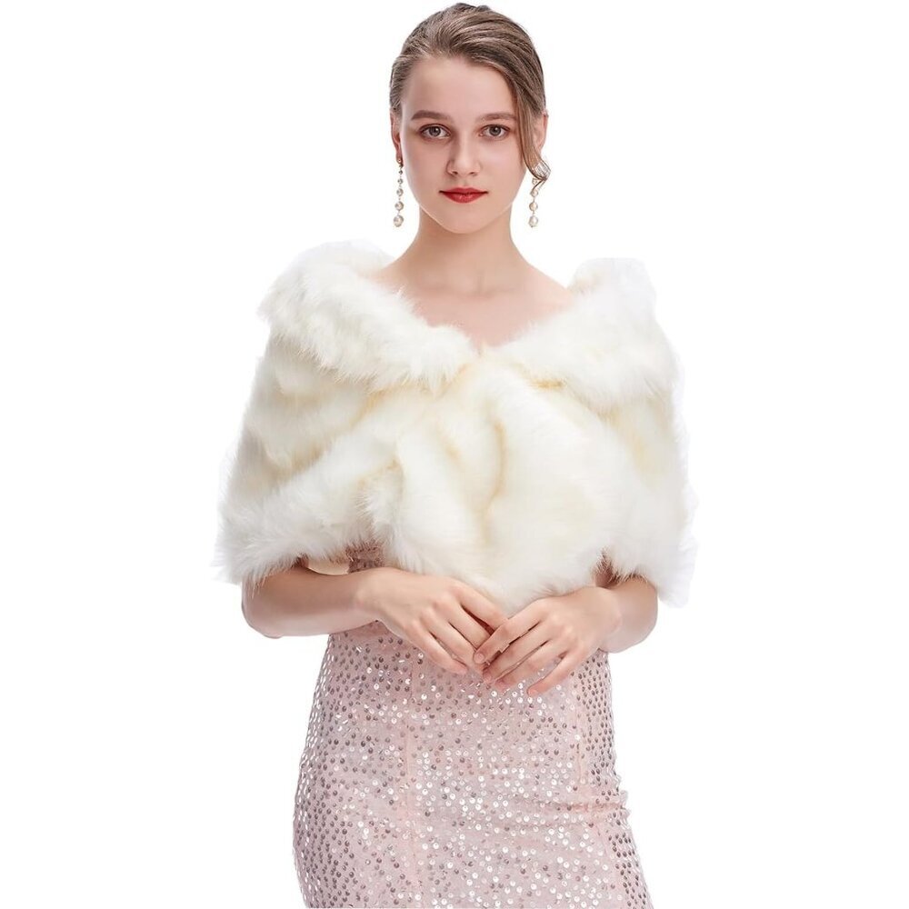 Women's Faux Fur Shawl Wrap Cape for Bridal Wedding Formal Events Blue
